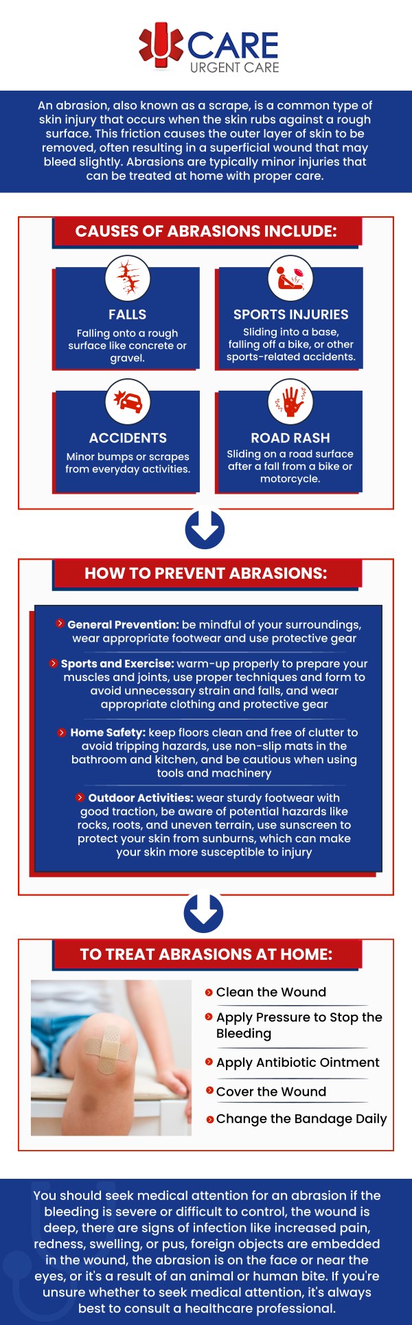 If you are dealing with a third-degree abrasion or skin avulsion, you should seek medical care immediately. Visit UCare Urgent Care and Walk-In Clinic to get treatment from experienced doctors and health care providers in EL Paso, TX and Horizon City, TX. Contact us today for more information. We are a walk-in clinic located at Horizon City TX, on North Zaragoza Rd. in El Paso TX, and on Lee Trevino Dr. in El Paso TX.