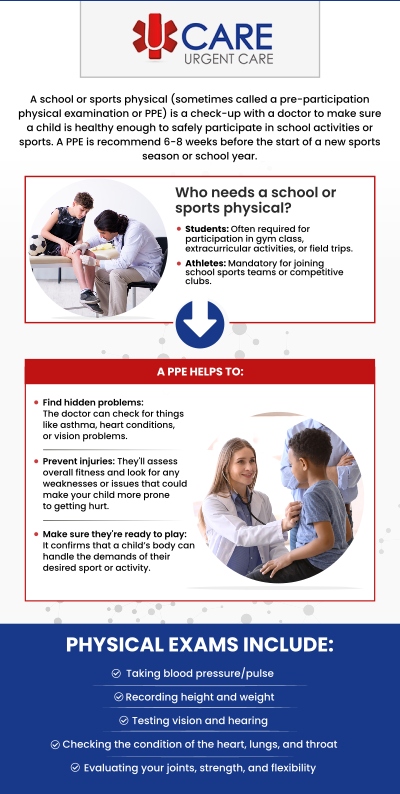 A sports and camp physical examination is a check-up that assesses your adolescent or teen's health and fitness. Visit UCare Urgent Care and Walk-In Clinic for comprehensive physicals. For more information, contact us today! We are a walk-in clinic located at Horizon City TX, on North Zaragoza Rd. in El Paso TX, and on Lee Trevino Dr. in El Paso TX. A sports and camp physical examination is a check-up that assesses your adolescent or teen's health and fitness. Visit UCare Urgent Care and Walk-In Clinic for comprehensive physicals. For more information, contact us today! We are a walk-in clinic located at Horizon City TX, on North Zaragoza Rd. in El Paso TX, and on Lee Trevino Dr. in El Paso TX.
