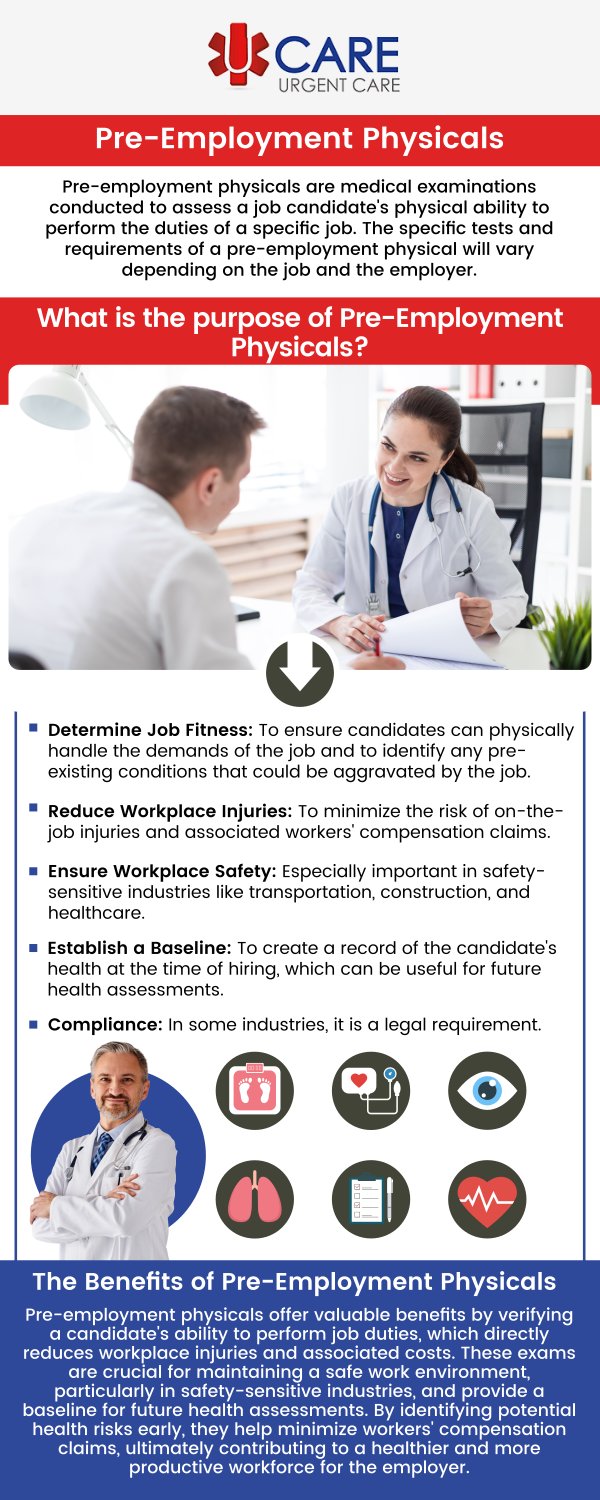 If you're looking for a reliable and convenient place to get your pre-employment physical in El Paso, TX, UCare Urgent Care is here to help. We offer comprehensive pre-employment physicals to meet your job requirements, whether it's for a routine health check or specific employer needs. With affordable pricing and no appointment required, we make the process easy and efficient, helping you move forward in your job application smoothly. For more information, contact us today! We are conveniently located on North Zaragoza Rd. in El Paso, TX, and on Lee Trevino Dr. in El Paso, TX. If you're looking for a reliable and convenient place to get your pre-employment physical in El Paso, TX, UCare Urgent Care is here to help. We offer comprehensive pre-employment physicals to meet your job requirements, whether it's for a routine health check or specific employer needs. With affordable pricing and no appointment required, we make the process easy and efficient, helping you move forward in your job application smoothly. For more information, contact us today! We are conveniently located on North Zaragoza Rd. in El Paso, TX, and on Lee Trevino Dr. in El Paso, TX.