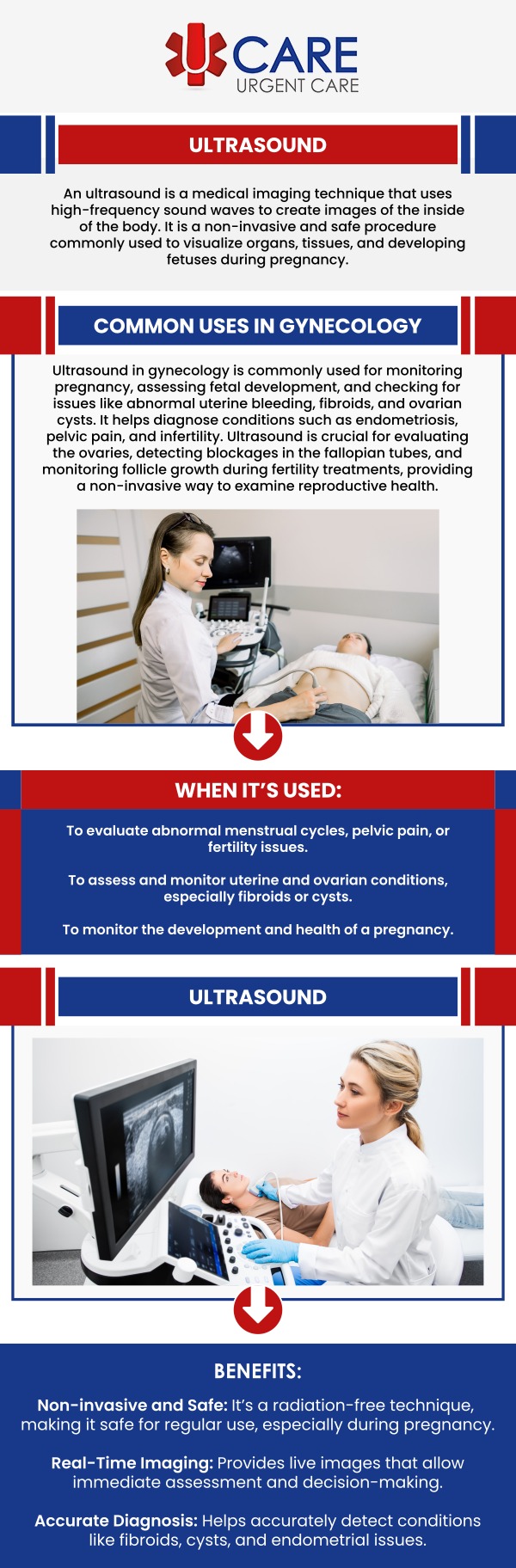 UCare Clinics offer a variety of diagnostic services, including ultrasound imaging. Ultrasound tests are commonly used to diagnose conditions like pregnancy, abdominal pain, or soft tissue injuries. At UCare Clinics, our team provides high-quality ultrasound services in a comfortable and efficient setting. Whether you're seeking a routine checkup or need a more specialized diagnostic exam, we are dedicated to providing you with accurate results and personalized care. Contact us or schedule an appointment for your checkup today to stay proactive about your health! We are conveniently located at 13472 Eastlake Blvd, Horizon City, TX 79928.