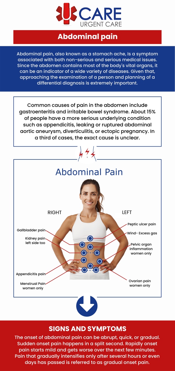 If you are suffering from persistent or worsening lower abdominal discomfort, nausea, vomiting, fever, painful urination, diarrhea, or unusual abdominal tenderness, you may need timely medical evaluation. Lower abdominal pain can be associated with digestive concerns, urinary problems, infections, or other health conditions. Our medical team at UCare Urgent Care can assess your symptoms, perform a physical examination, and recommend appropriate testing or treatment based on your individual needs. For more information, contact us today! We are conveniently located on North Zaragoza Rd. in El Paso, TX, and on Lee Trevino Dr. in El Paso, TX. If you are suffering from persistent or worsening lower abdominal discomfort, nausea, vomiting, fever, painful urination, diarrhea, or unusual abdominal tenderness, you may need timely medical evaluation. Lower abdominal pain can be associated with digestive concerns, urinary problems, infections, or other health conditions. Our medical team at UCare Urgent Care can assess your symptoms, perform a physical examination, and recommend appropriate testing or treatment based on your individual needs. For more information, contact us today! We are conveniently located on North Zaragoza Rd. in El Paso, TX, and on Lee Trevino Dr. in El Paso, TX.