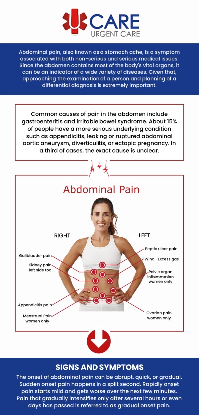 Abdominal pain can develop for many reasons and may range from mild discomfort to symptoms that require timely medical attention. UCare Urgent Care and Walk-In Clinic in El Paso, TX provides convenient evaluation for non-emergency abdominal pain, helping patients better understand possible causes and determine appropriate next steps. Our experienced medical team considers the location and severity of the pain, accompanying symptoms, medical history, and other relevant factors to provide personalized care and recommend further evaluation when necessary. For more information, please contact us today or book an appointment online now. We are conveniently located on North Zaragoza Rd. in El Paso, TX, and on Lee Trevino Dr. in El Paso, TX. Abdominal pain can develop for many reasons and may range from mild discomfort to symptoms that require timely medical attention. UCare Urgent Care and Walk-In Clinic in El Paso, TX provides convenient evaluation for non-emergency abdominal pain, helping patients better understand possible causes and determine appropriate next steps. Our experienced medical team considers the location and severity of the pain, accompanying symptoms, medical history, and other relevant factors to provide personalized care and recommend further evaluation when necessary. For more information, please contact us today or book an appointment online now. We are conveniently located on North Zaragoza Rd. in El Paso, TX, and on Lee Trevino Dr. in El Paso, TX.