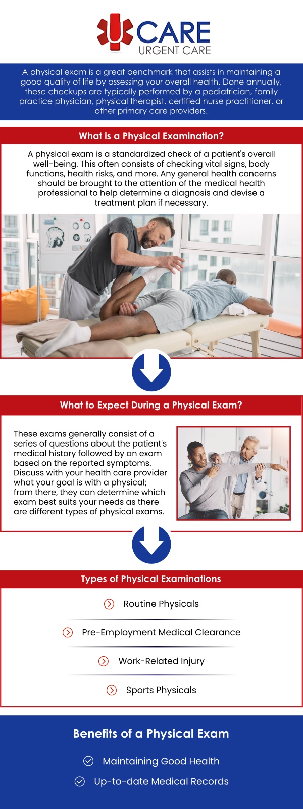 At UCare Urgent Care and Walk-In Clinic, our team provides convenient and comprehensive physical exam services in El Paso, TX for individuals with different healthcare needs. Whether you require a routine wellness evaluation, school physical, sports physical, employment exam, or other health screening, we help make the process simple and accessible. Our team reviews your health history, evaluates important health factors, and addresses any concerns to support a complete physical assessment. With walk-in availability and urgent care services, we offer a convenient option for patients seeking timely physical exams. We focus on delivering efficient, patient-centered care while helping individuals stay proactive about their health and meet necessary physical exam requirements.  For more information, please contact us today or book an appointment online now. We are conveniently located on North Zaragoza Rd. in El Paso, TX, and on Lee Trevino Dr. in El Paso, TX. W