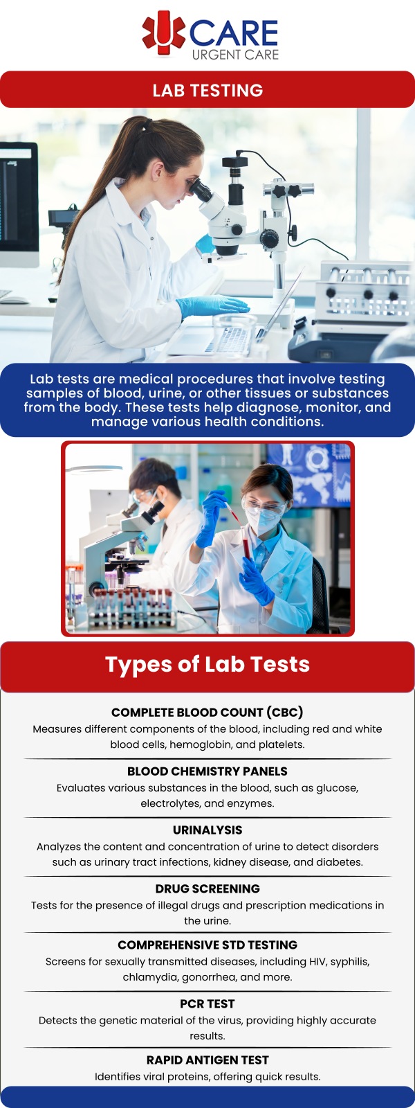 Common questions asked by patients: What types of lab work and testing services are available at urgent care? When should I visit urgent care for lab work and testing? How long does urgent care lab work and testing take? Do I need an appointment for urgent care lab work and testing services? At UCare Urgent Care in Horizon City, TX, our team provides convenient urgent care lab work and testing services to help support timely diagnosis and treatment decisions. We offer reliable testing options in a comfortable setting with a focus on accuracy, efficiency, and patient-centered care. Our team is committed to making essential lab services accessible when you need them most. For more information, contact us or book an appointment online. We are conveniently located at 13472 Eastlake Blvd, Horizon City, TX 79928. Common questions asked by patients: What types of lab work and testing services are available at urgent care? When should I visit urgent care for lab work and testing? How long does urgent care lab work and testing take? Do I need an appointment for urgent care lab work and testing services?
At UCare Urgent Care in Horizon City, TX, our team provides convenient urgent care lab work and testing services to help support timely diagnosis and treatment decisions. We offer reliable testing options in a comfortable setting with a focus on accuracy, efficiency, and patient-centered care. Our team is committed to making essential lab services accessible when you need them most. For more information, contact us or book an appointment online. We are conveniently located at 13472 Eastlake Blvd, Horizon City, TX 79928.