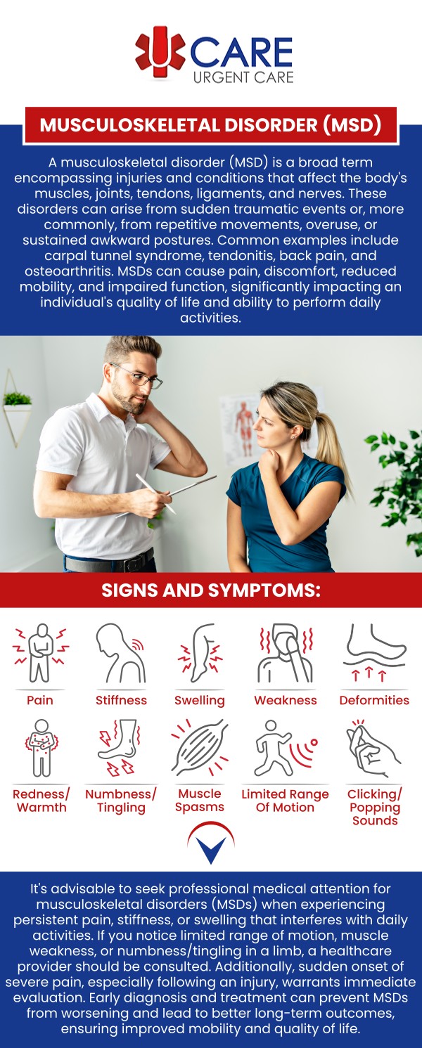 Musculoskeletal disorders affect the muscles, bones, joints, tendons, ligaments, and other structures that support movement and physical function. If you are experiencing discomfort, stiffness, or mobility concerns, our experienced medical team provides convenient urgent care evaluations to help identify your symptoms and guide you toward appropriate care options. We focus on understanding your condition, reviewing your health history, and assessing your concerns to provide personalized support. At UCare Urgent Care, we offer accessible musculoskeletal disorder evaluations in Horizon, TX, for patients experiencing muscle, joint, and movement-related concerns. Our team is committed to delivering timely, patient-focused care while helping you understand your symptoms and available treatment recommendations. or more information, contact us or book an schedule an appointment. We are conveniently located at 13472 Eastlake Blvd, Horizon City, TX 79928.
