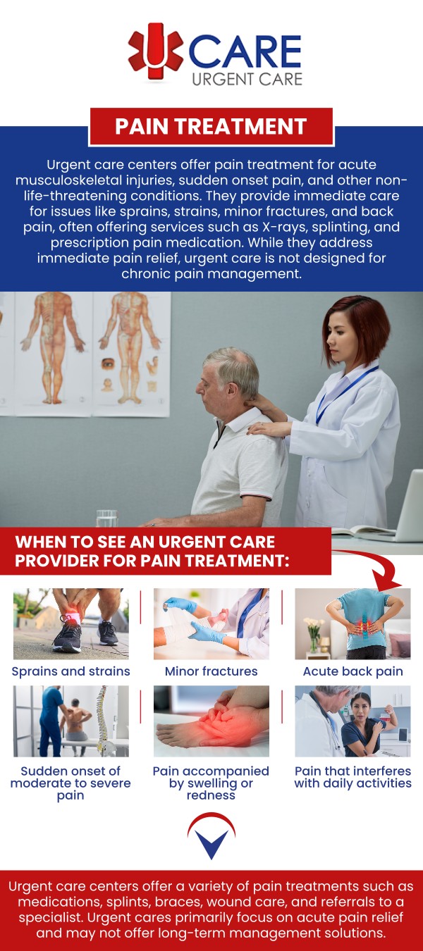 At UCare Urgent Care and Walk-In Clinic, we provide prompt and compassionate care for pain management. Whether you're dealing with acute or chronic pain, our experienced team offers immediate relief and personalized treatment plans. Visit us for quick, effective care and get back to feeling your best. For more information, contact us today or book an appointment online now! We are a walk-in clinic located at Horizon City TX, on North Zaragoza Rd. in El Paso TX, and on Lee Trevino Dr. in El Paso TX. At UCare Urgent Care and Walk-In Clinic, we provide prompt and compassionate care for pain management. Whether you're dealing with acute or chronic pain, our experienced team offers immediate relief and personalized treatment plans. Visit us for quick, effective care and get back to feeling your best. For more information, contact us today or book an appointment online now! We are a walk-in clinic located at Horizon City TX, on North Zaragoza Rd. in El Paso TX, and on Lee Trevino Dr. in El Paso TX.