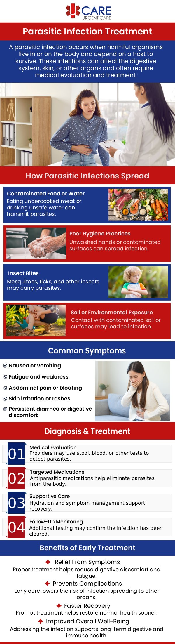 If you suspect you have a parasitic infection, visiting urgent care can be a great option for quick diagnosis and treatment. At UCare Urgent Care, our experienced medical professionals can evaluate your symptoms, perform necessary tests, and provide the appropriate treatment. Parasitic infections can cause a variety of symptoms, including gastrointestinal issues, skin rashes, and fatigue, and prompt care is essential for effective management. For more information, contact us or book an appointment online. We are conveniently located at 13472 Eastlake Blvd, Horizon City, TX 79928. If you suspect you have a parasitic infection, visiting urgent care can be a great option for quick diagnosis and treatment. At UCare Urgent Care, our experienced medical professionals can evaluate your symptoms, perform necessary tests, and provide the appropriate treatment. Parasitic infections can cause a variety of symptoms, including gastrointestinal issues, skin rashes, and fatigue, and prompt care is essential for effective management. For more information, contact us or book an appointment online. We are conveniently located at 13472 Eastlake Blvd, Horizon City, TX 79928.