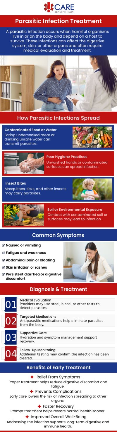 If you suspect you have a parasitic infection, visiting urgent care can be a great option for quick diagnosis and treatment. At UCare Urgent Care, our experienced medical professionals can evaluate your symptoms, perform necessary tests, and provide the appropriate treatment. Parasitic infections can cause a variety of symptoms, including gastrointestinal issues, skin rashes, and fatigue, and prompt care is essential for effective management. For more information, contact us or book an appointment online. We are conveniently located at 13472 Eastlake Blvd, Horizon City, TX 79928. If you suspect you have a parasitic infection, visiting urgent care can be a great option for quick diagnosis and treatment. At UCare Urgent Care, our experienced medical professionals can evaluate your symptoms, perform necessary tests, and provide the appropriate treatment. Parasitic infections can cause a variety of symptoms, including gastrointestinal issues, skin rashes, and fatigue, and prompt care is essential for effective management. For more information, contact us or book an appointment online. We are conveniently located at 13472 Eastlake Blvd, Horizon City, TX 79928.